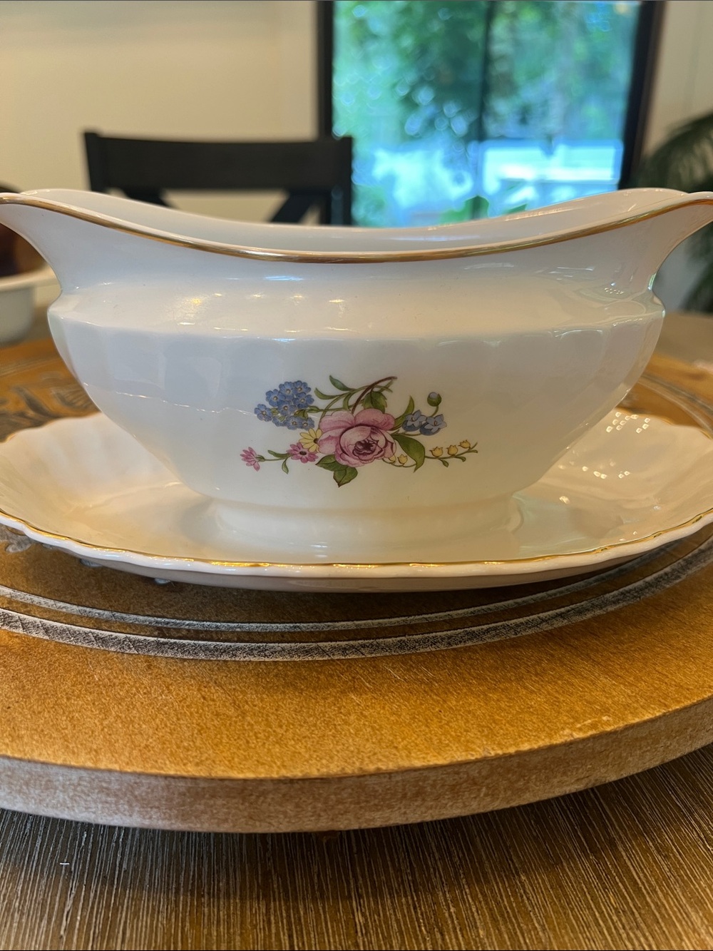 Porcelain White Gravy Boat with Gold Trim and Floral Detail
